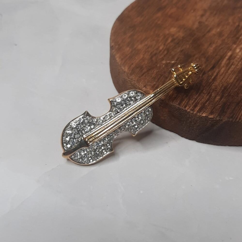 Gold Tone Pave Crystal Embellished Cello Brooch